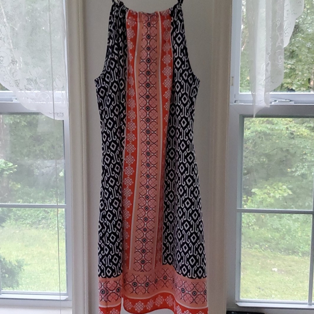Crown & Ivy dress. Navy and coral colors.